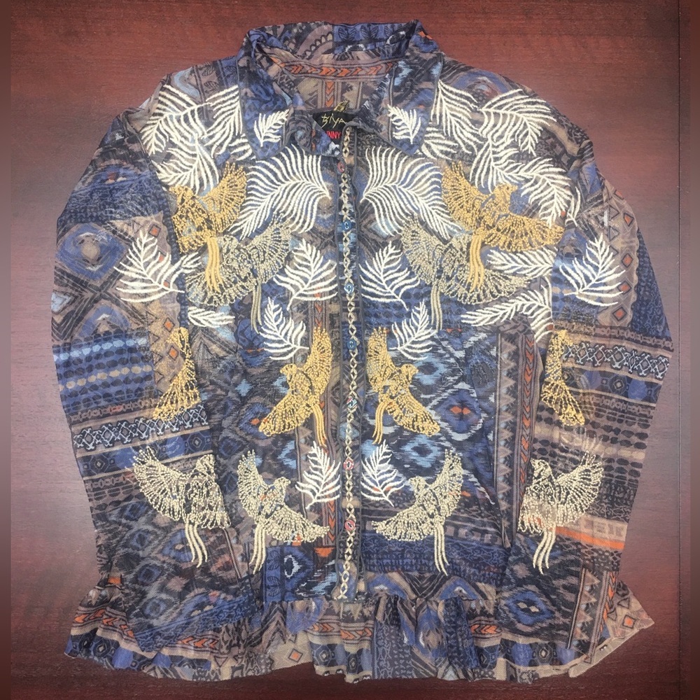 Johnny Was Noemie Mesh Blue Blouse XS Embroidered Phoenix Bird Sheer Top